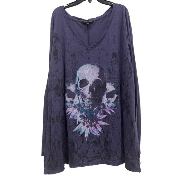 Rock & Republic Slub Burnout Long Sleeve Shirt Skeleton Graphic 3X Raw Hems - Picture 1 of 5